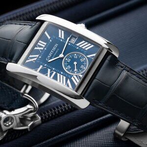 Cartier WSTA0010 Tank MC Manufacture Bleu Edition Mens Sun-Ray Flinqué Roman SS